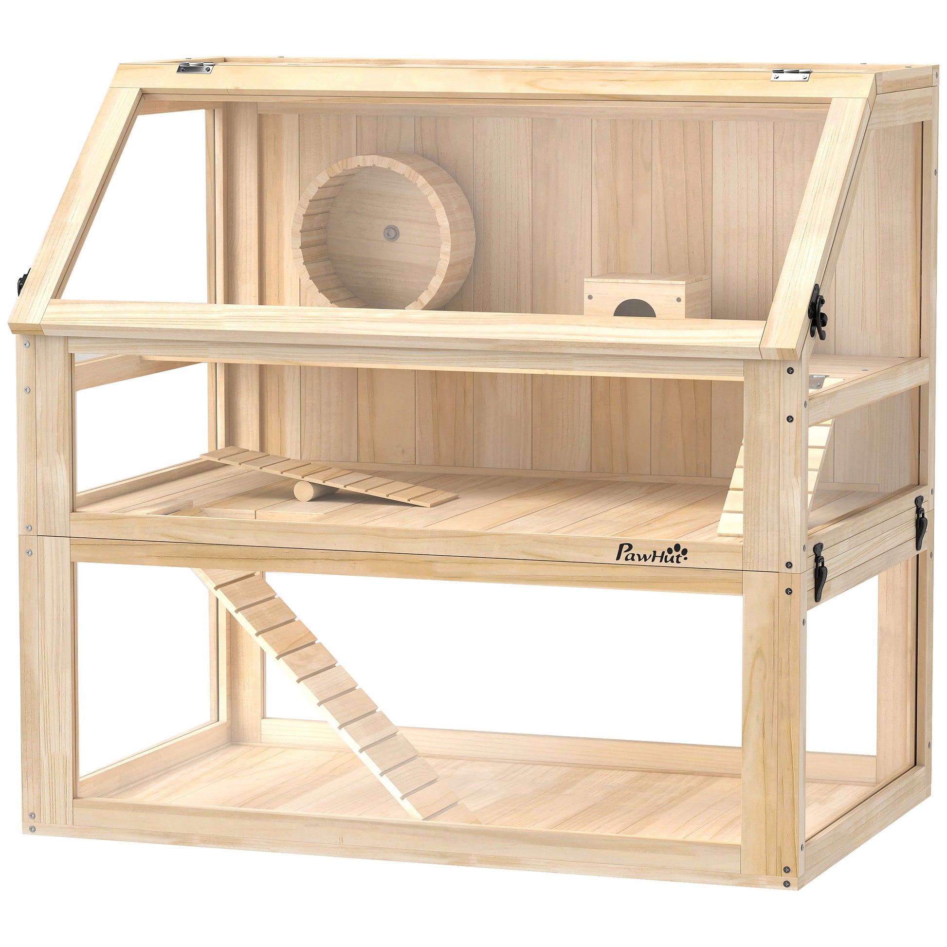 Wooden Hamster Cage 3 Levels Hamster Enclosure Small Pet Cage with Foldable Lid Exercise Wheel and Accessories, Small Animal Hutch Wood Cage for Hamsters Dwarf Hamsters 80 x 50 x 76 cm Natural Wood