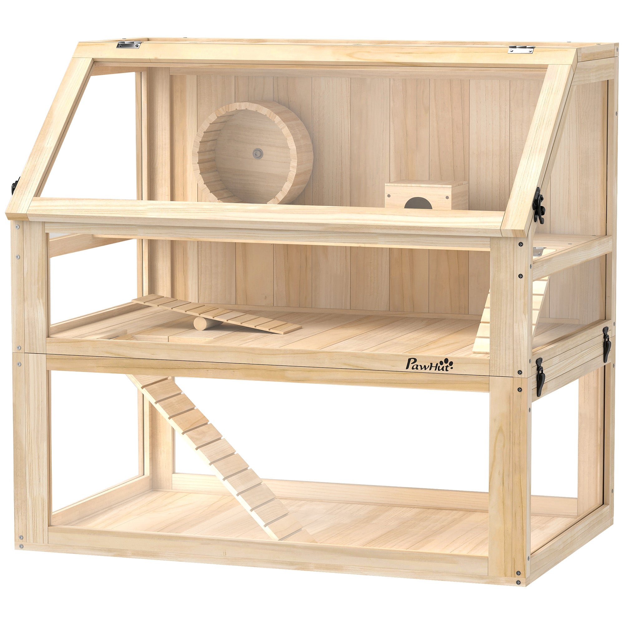 Wooden Hamster Cage 3 Levels Hamster Enclosure Small Pet Cage with Foldable Lid Exercise Wheel and Accessories, Small Animal Hutch Wood Cage for Hamsters Dwarf Hamsters 80 x 50 x 76 cm Natural Wood