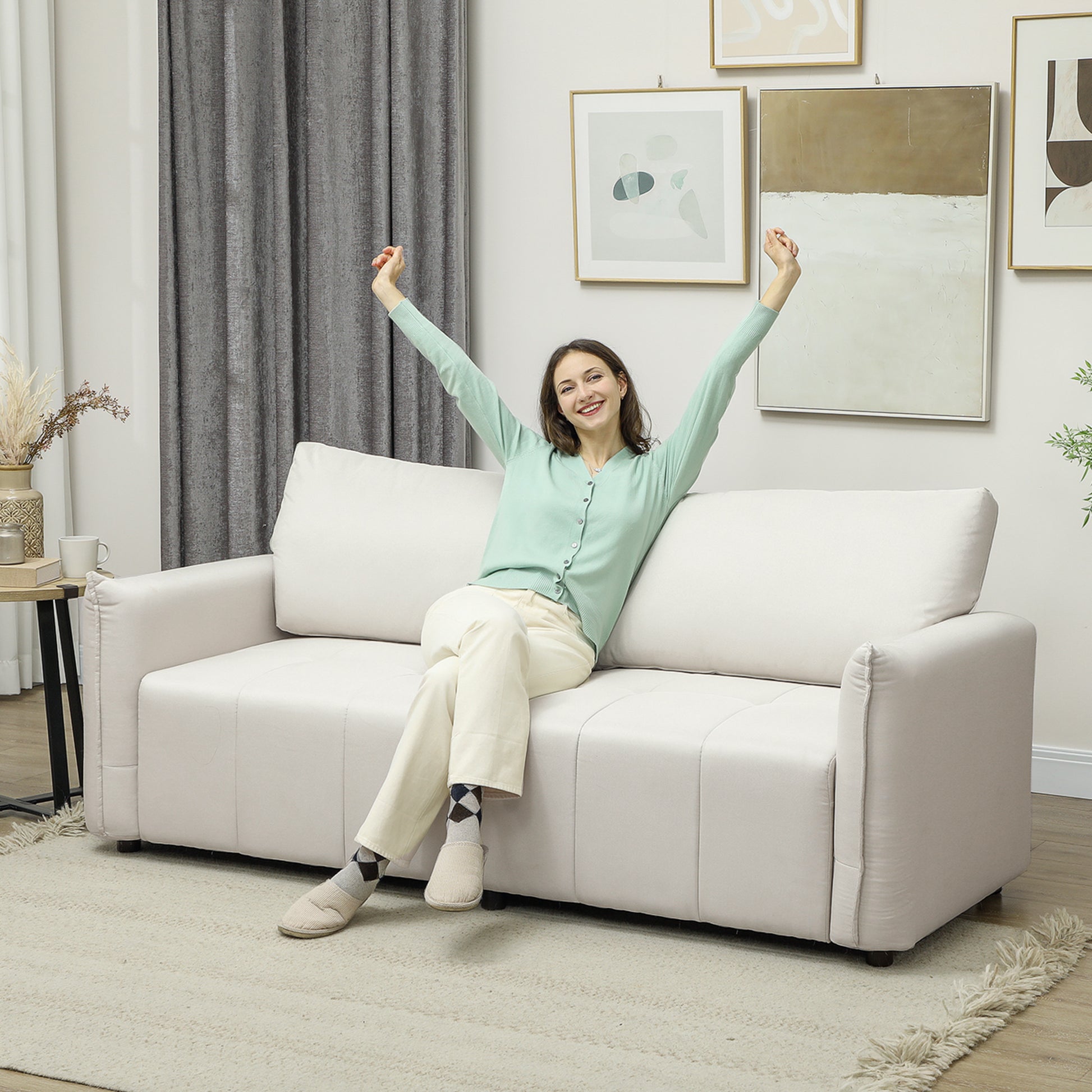 3-Seater Sofa, Modern Sofa 196 cm with 2 cushions, padded armrests and back, linen-look fabric sofa, steel legs, for living room, bedroom, home office, cream