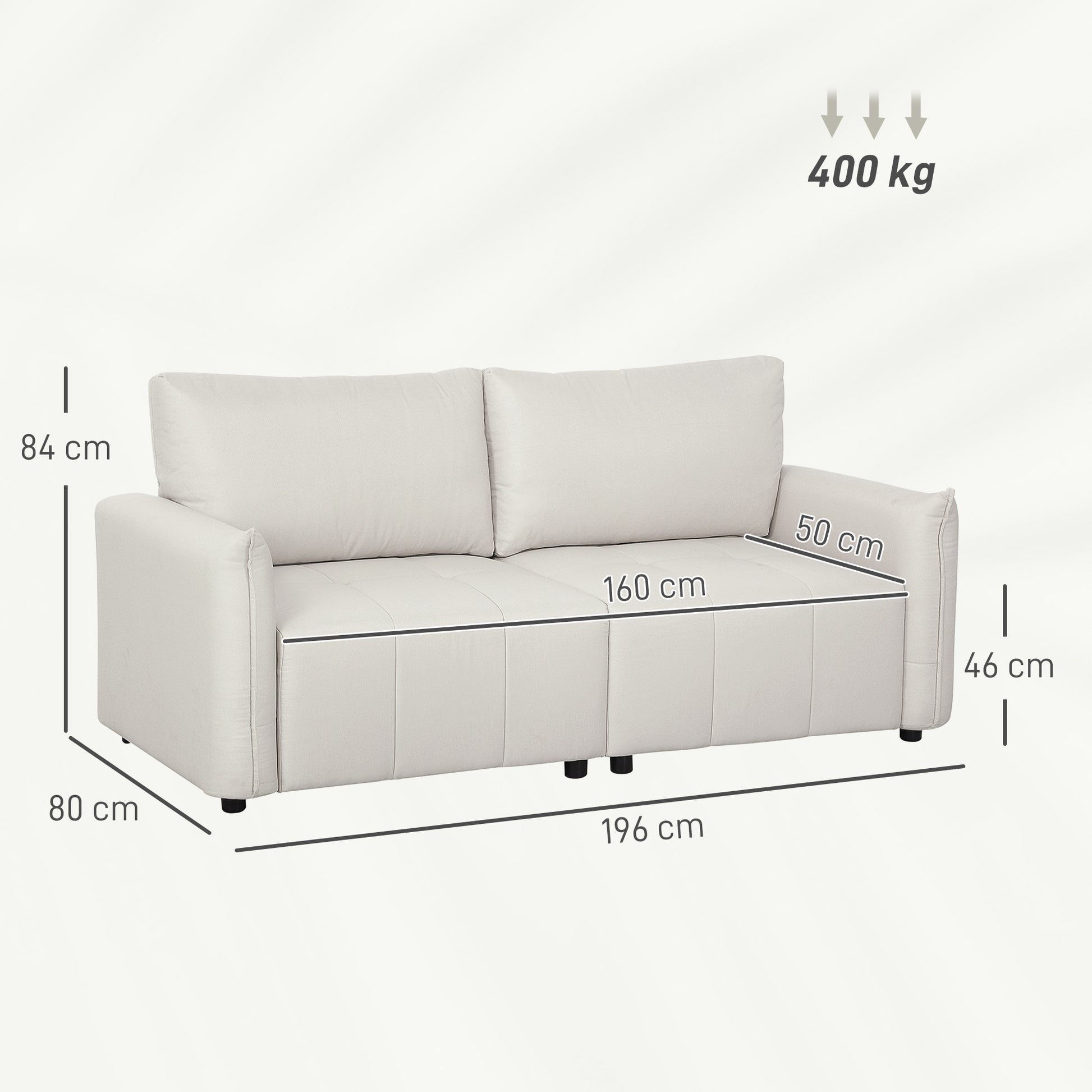 3-Seater Sofa, Modern Sofa 196 cm with 2 cushions, padded armrests and back, linen-look fabric sofa, steel legs, for living room, bedroom, home office, cream