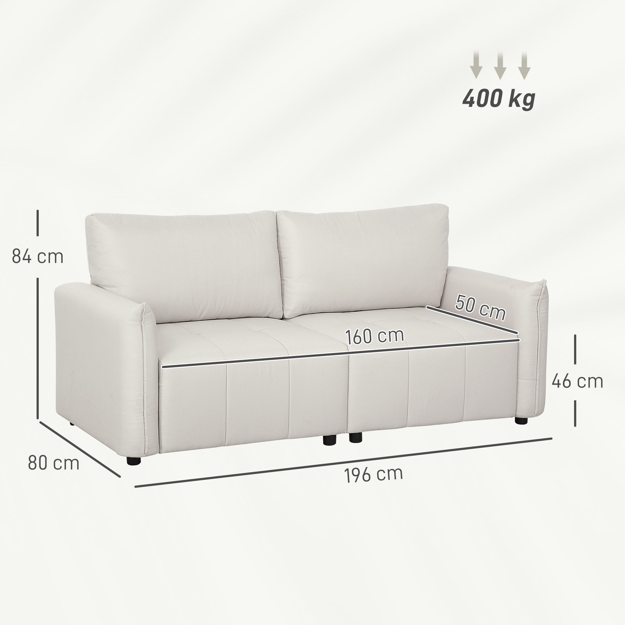3-Seater Sofa, Modern Sofa 196 cm with 2 cushions, padded armrests and back, linen-look fabric sofa, steel legs, for living room, bedroom, home office, cream