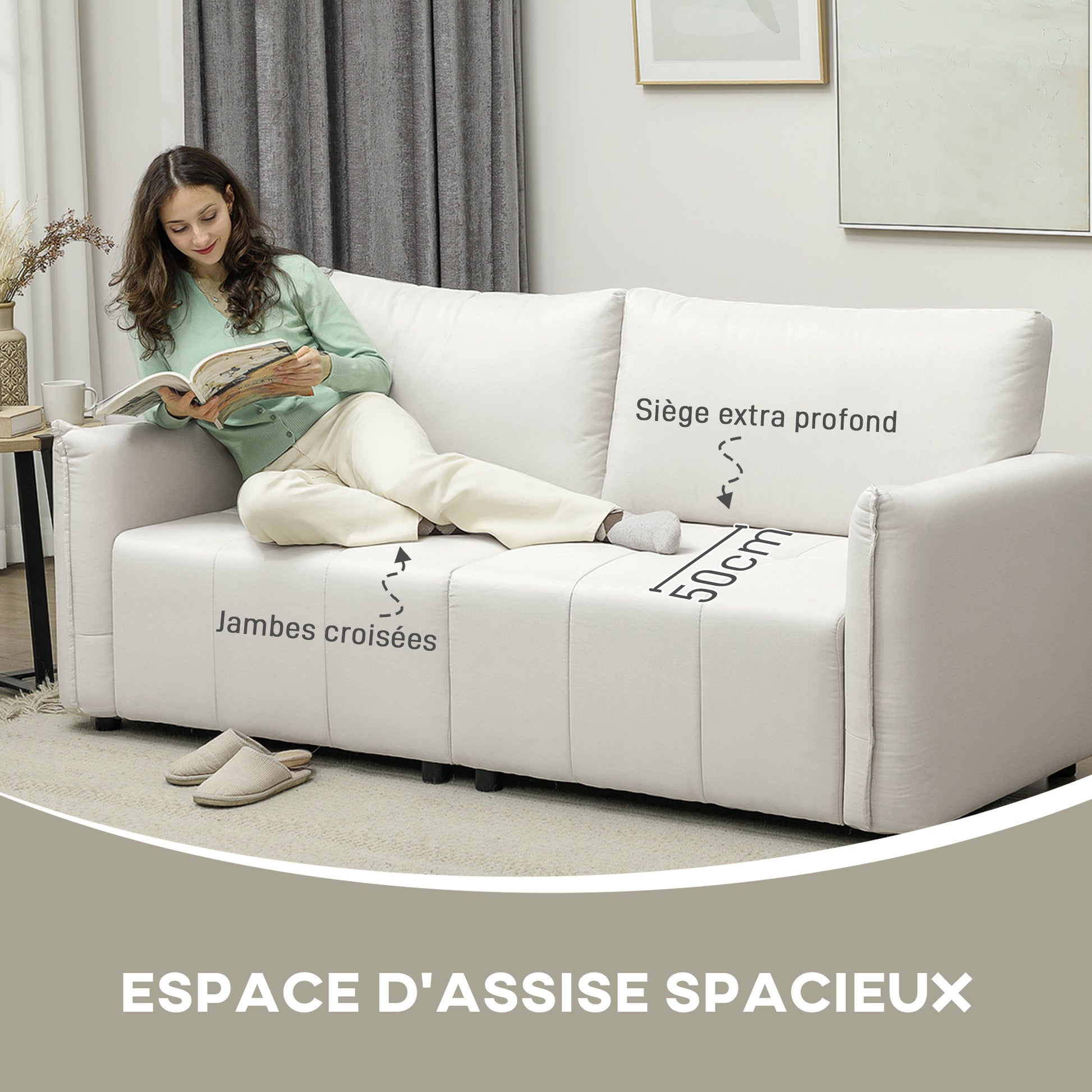 3-Seater Sofa, Modern Sofa 196 cm with 2 cushions, padded armrests and back, linen-look fabric sofa, steel legs, for living room, bedroom, home office, cream