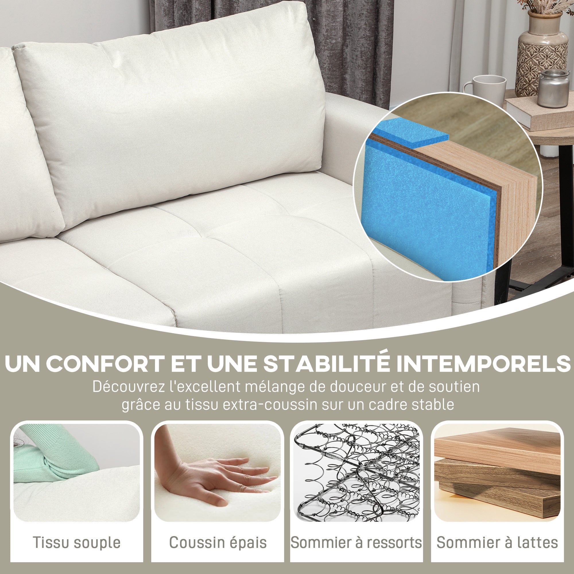 3-Seater Sofa, Modern Sofa 196 cm with 2 cushions, padded armrests and back, linen-look fabric sofa, steel legs, for living room, bedroom, home office, cream