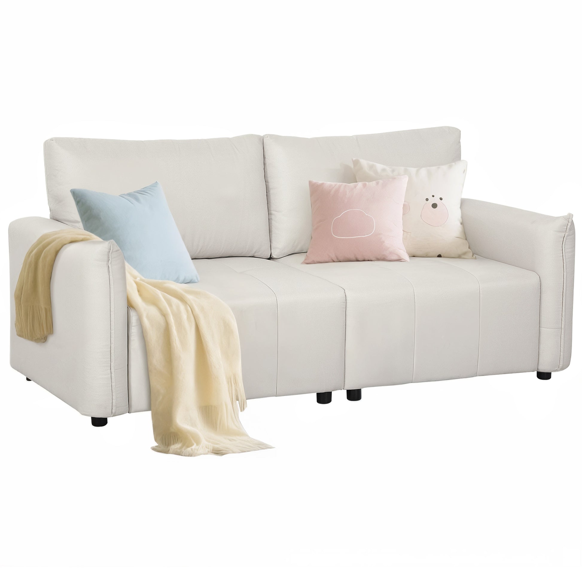 3-Seater Sofa, Modern Sofa 196 cm with 2 cushions, padded armrests and back, linen-look fabric sofa, steel legs, for living room, bedroom, home office, cream