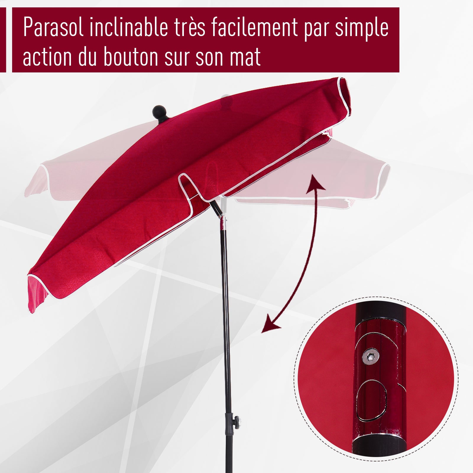 Rectangular Tilted Aluminum Metal High-Density Polyester Garden Parasol 2 x 1.3 m Red