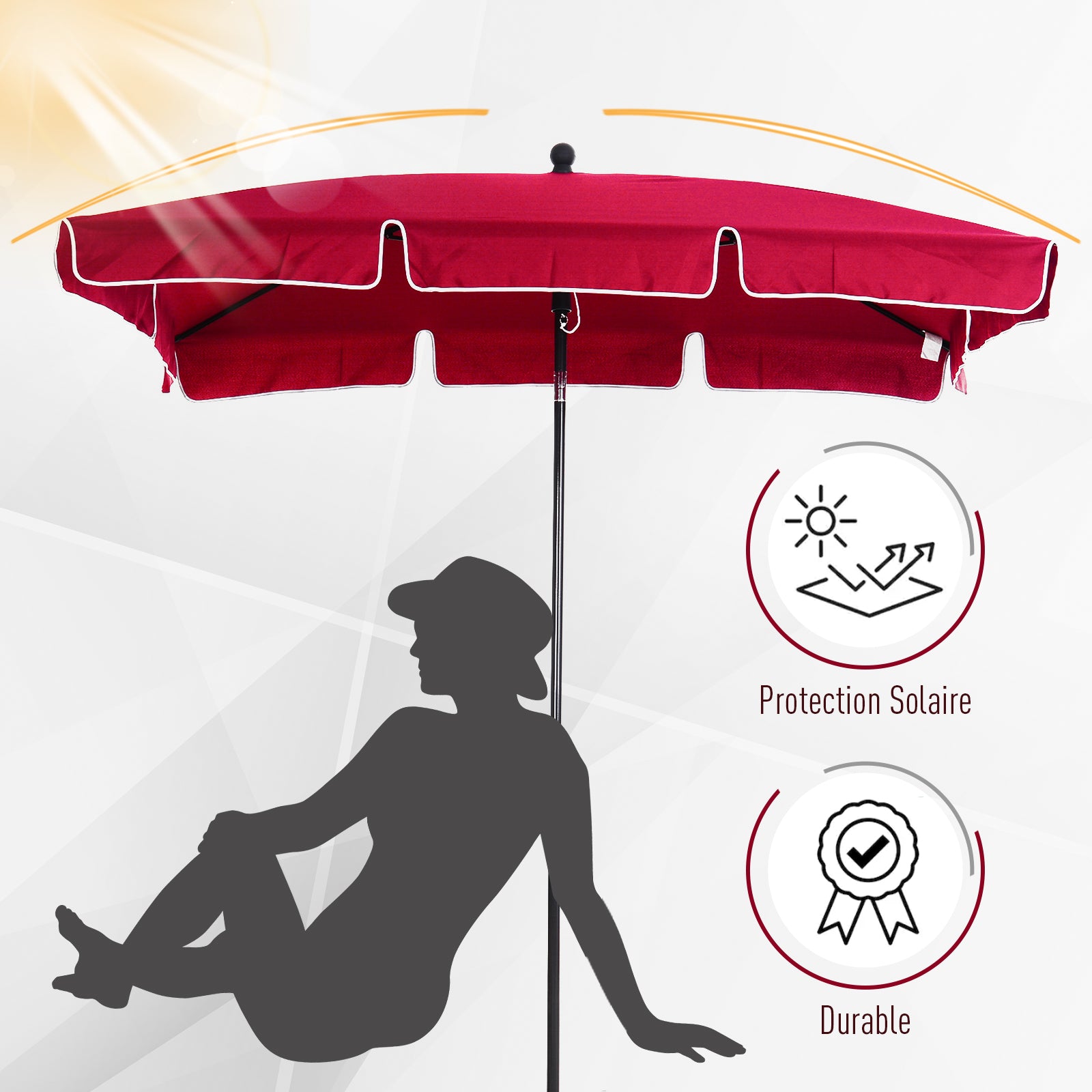 Rectangular Tilted Aluminum Metal High-Density Polyester Garden Parasol 2 x 1.3 m Red