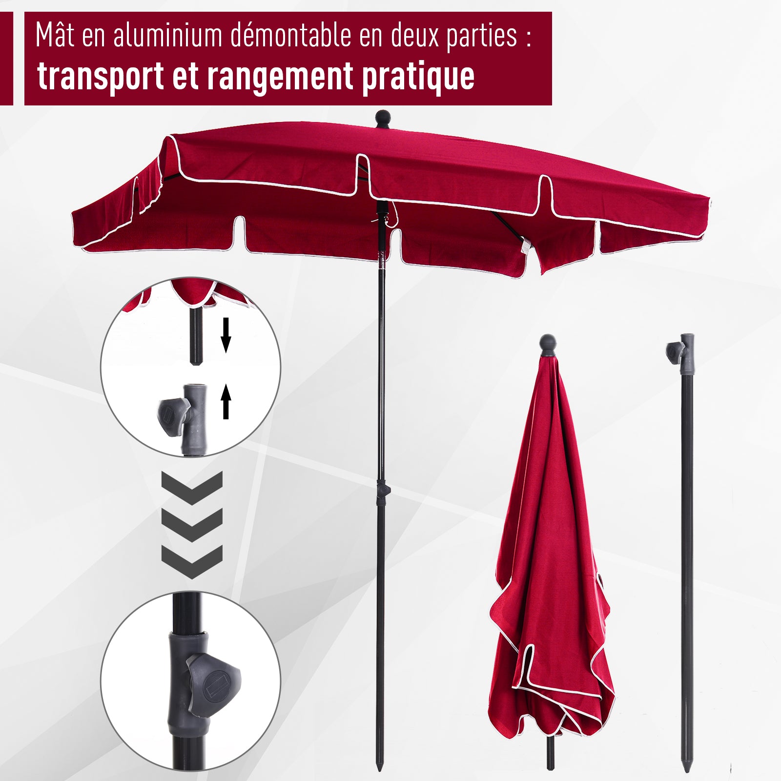 Rectangular Tilted Aluminum Metal High-Density Polyester Garden Parasol 2 x 1.3 m Red