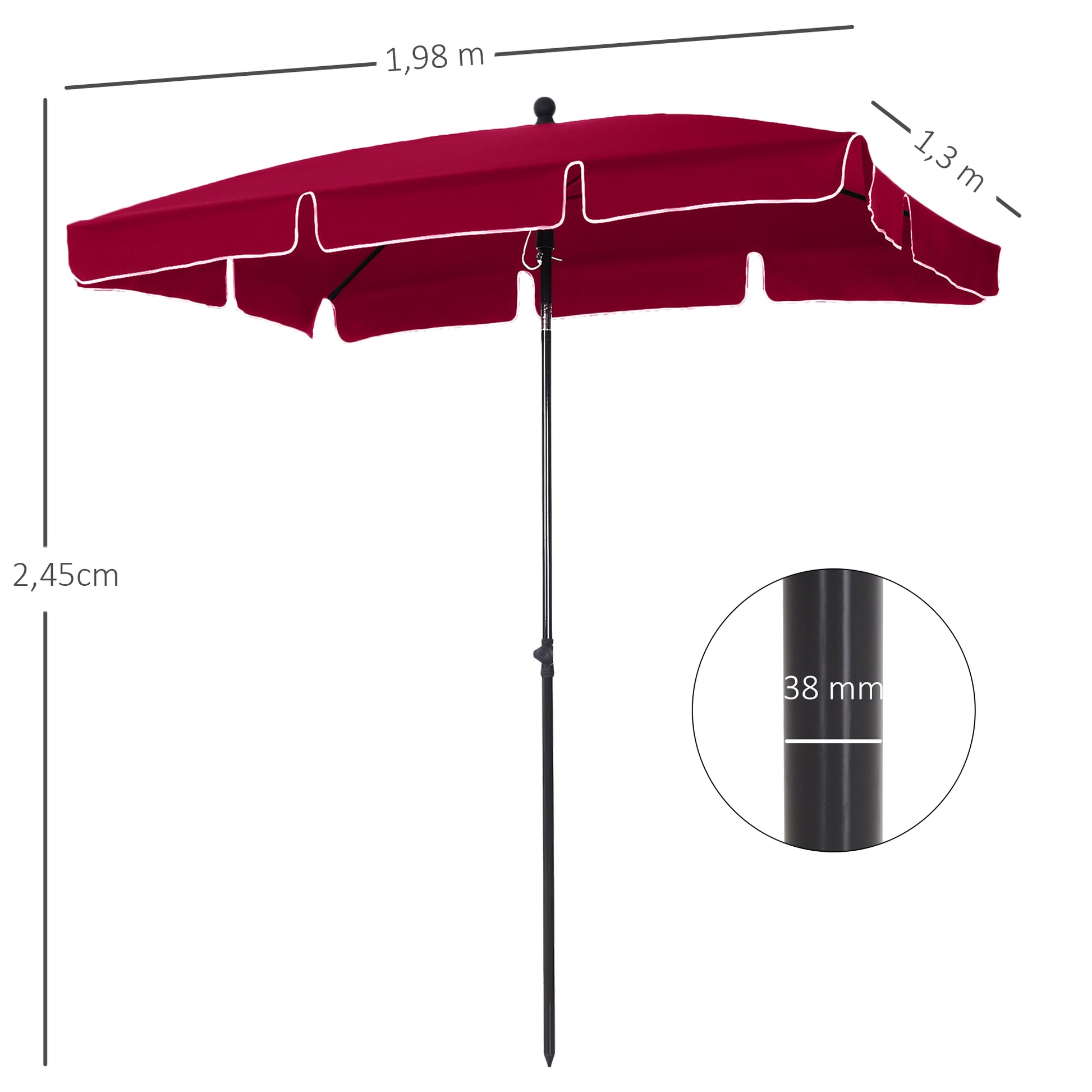 Rectangular Tilted Aluminum Metal High-Density Polyester Garden Parasol 2 x 1.3 m Red