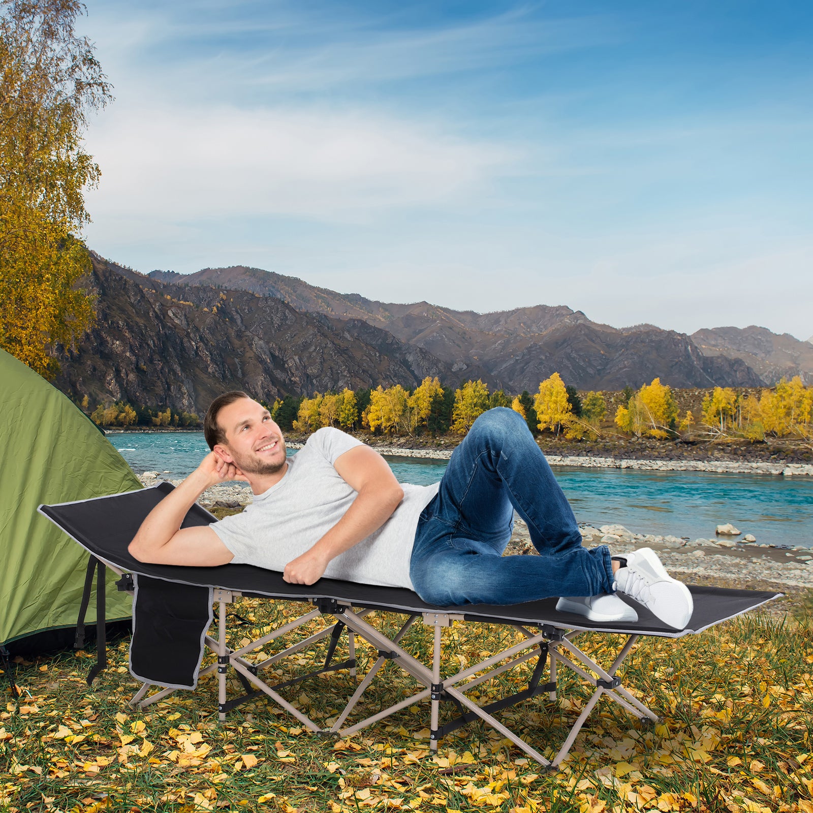 Folding Camp Bed with Carry Bag 190 x 68 x 52 cm Camping Cot up to 150 kg Guest Bed for Adults Folding Bed for Indoor, Outdoor, Garden Camping Travel Black