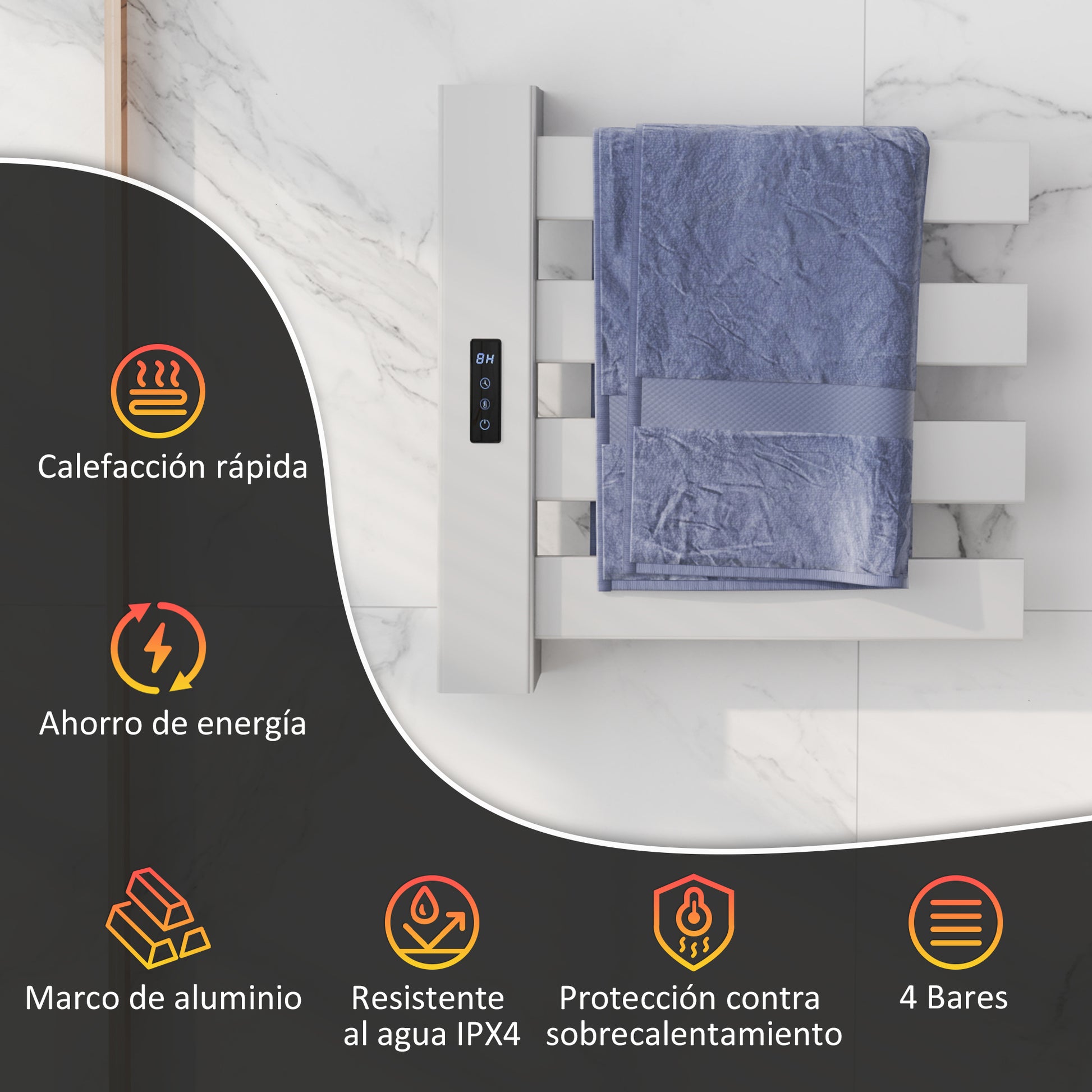 Wall-Mounted Electric Towel Warmer 130W Electric Towel Radiator Made of Aluminum Alloy with WIFI Control Touch Screen Timer 4 Bars Adjustable Temperature Low Consumption IPX4 White