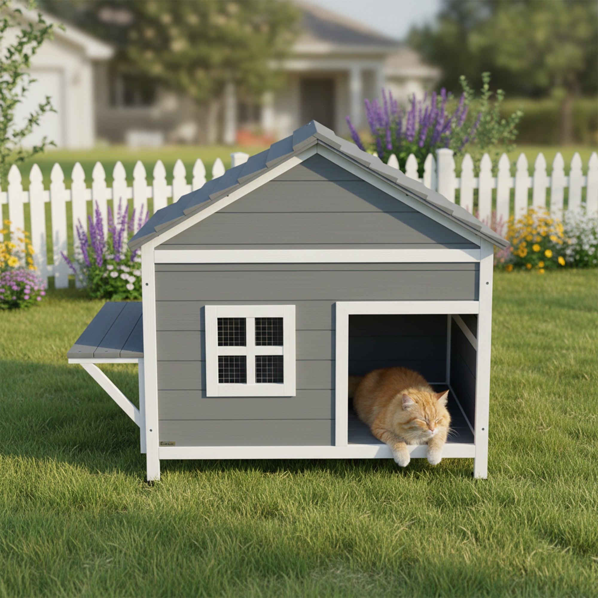 2-Story Wooden Outdoor Cat House with Waterproof Flip-Top Roof, Elevated Base & Side Platform, Window — Gray (Fits 1–2 Small Cats up to 11 lb)