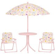 Children's Garden 4-Piece Table and Chairs Set Children's Table with Folding Chairs Adjustable Rainbow Design Umbrella for Patio Picnic Pink