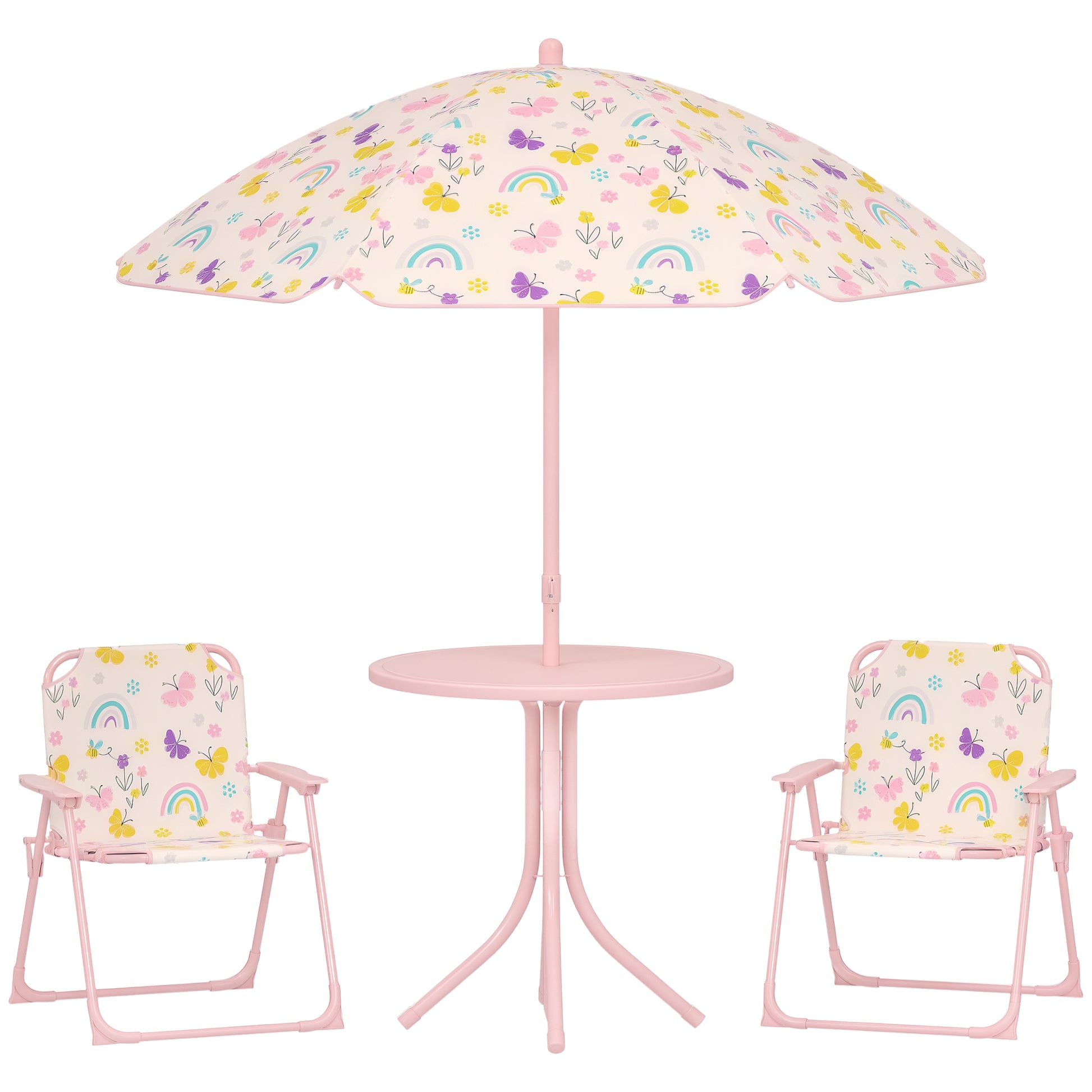 Children's Garden 4-Piece Table and Chairs Set Children's Table with Folding Chairs Adjustable Rainbow Design Umbrella for Patio Picnic Pink
