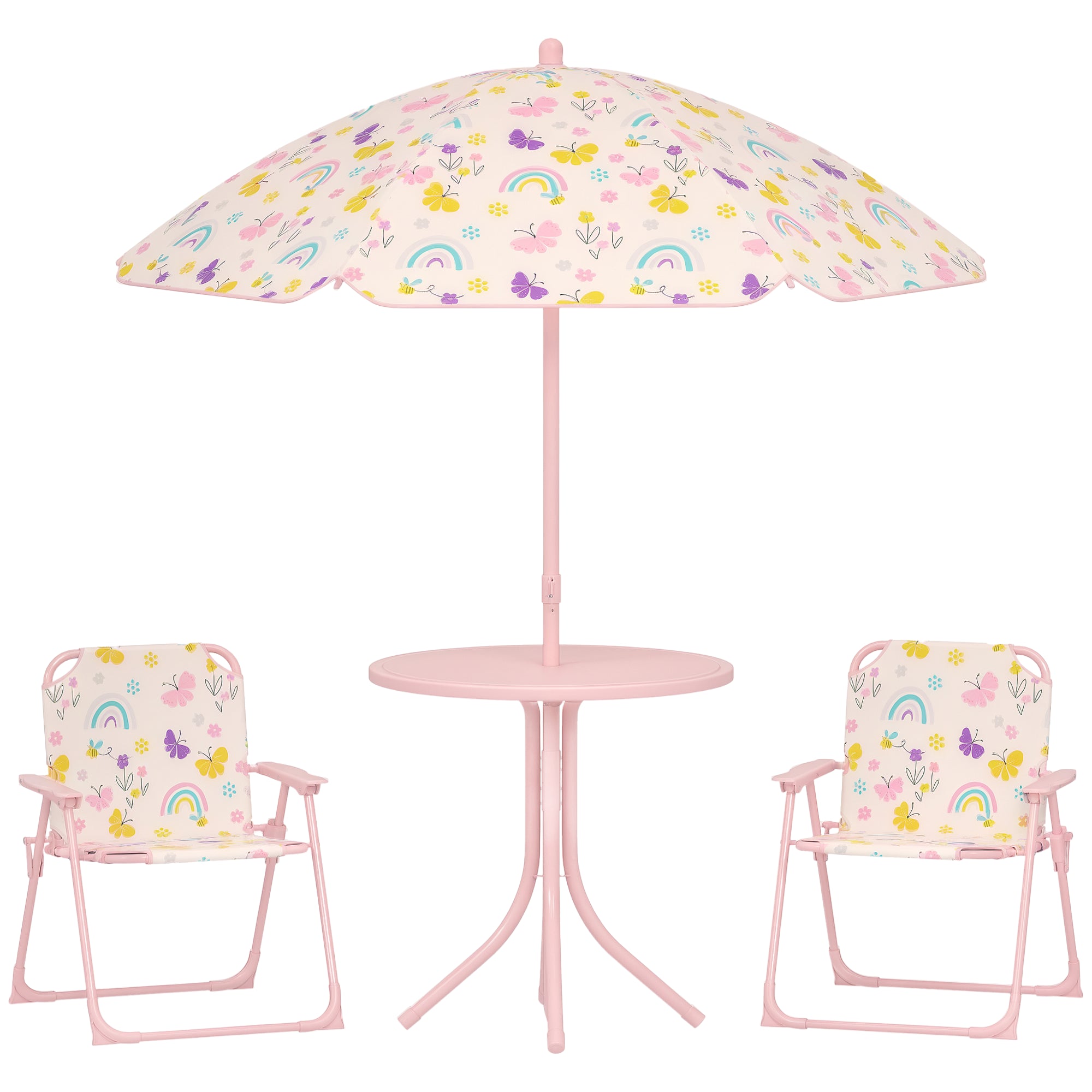 Children's Garden 4-Piece Table and Chairs Set Children's Table with Folding Chairs Adjustable Rainbow Design Umbrella for Patio Picnic Pink