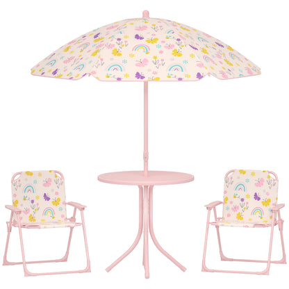 Children's Garden 4-Piece Table and Chairs Set Children's Table with Folding Chairs Adjustable Rainbow Design Umbrella for Patio Picnic Pink
