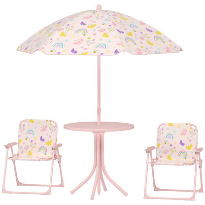 Children's Garden 4-Piece Table and Chairs Set Children's Table with Folding Chairs Adjustable Rainbow Design Umbrella for Patio Picnic Pink