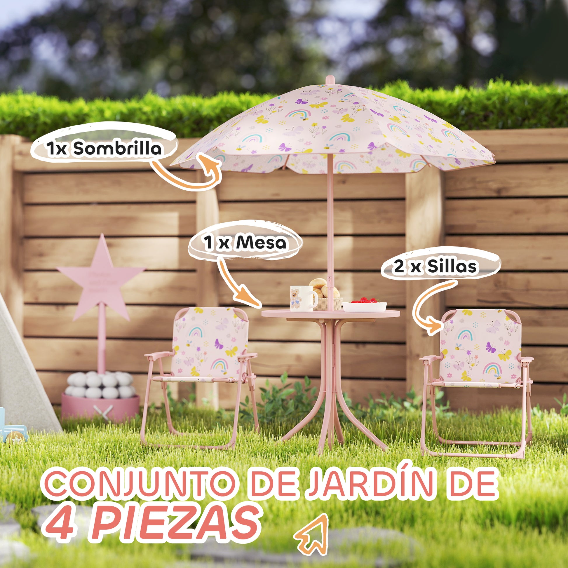 Children's Garden 4-Piece Table and Chairs Set Children's Table with Folding Chairs Adjustable Rainbow Design Umbrella for Patio Picnic Pink