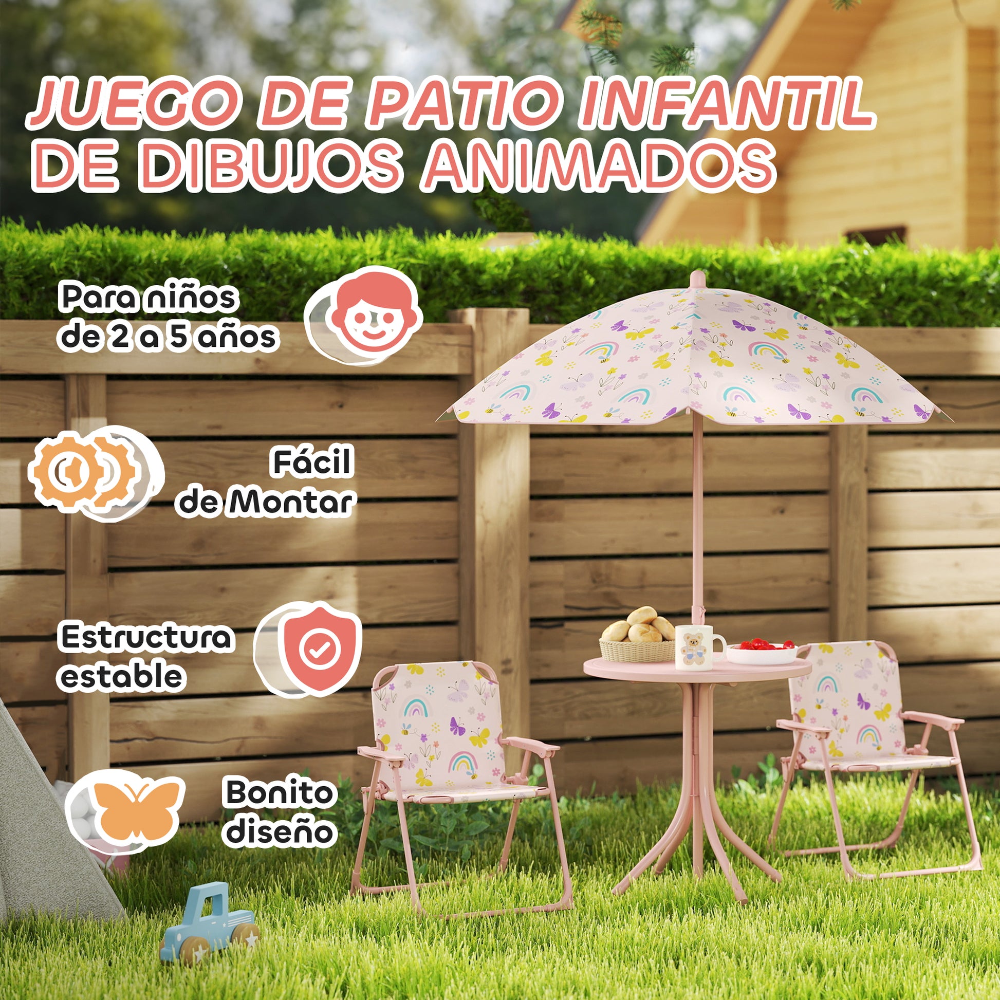 Children's Garden 4-Piece Table and Chairs Set Children's Table with Folding Chairs Adjustable Rainbow Design Umbrella for Patio Picnic Pink