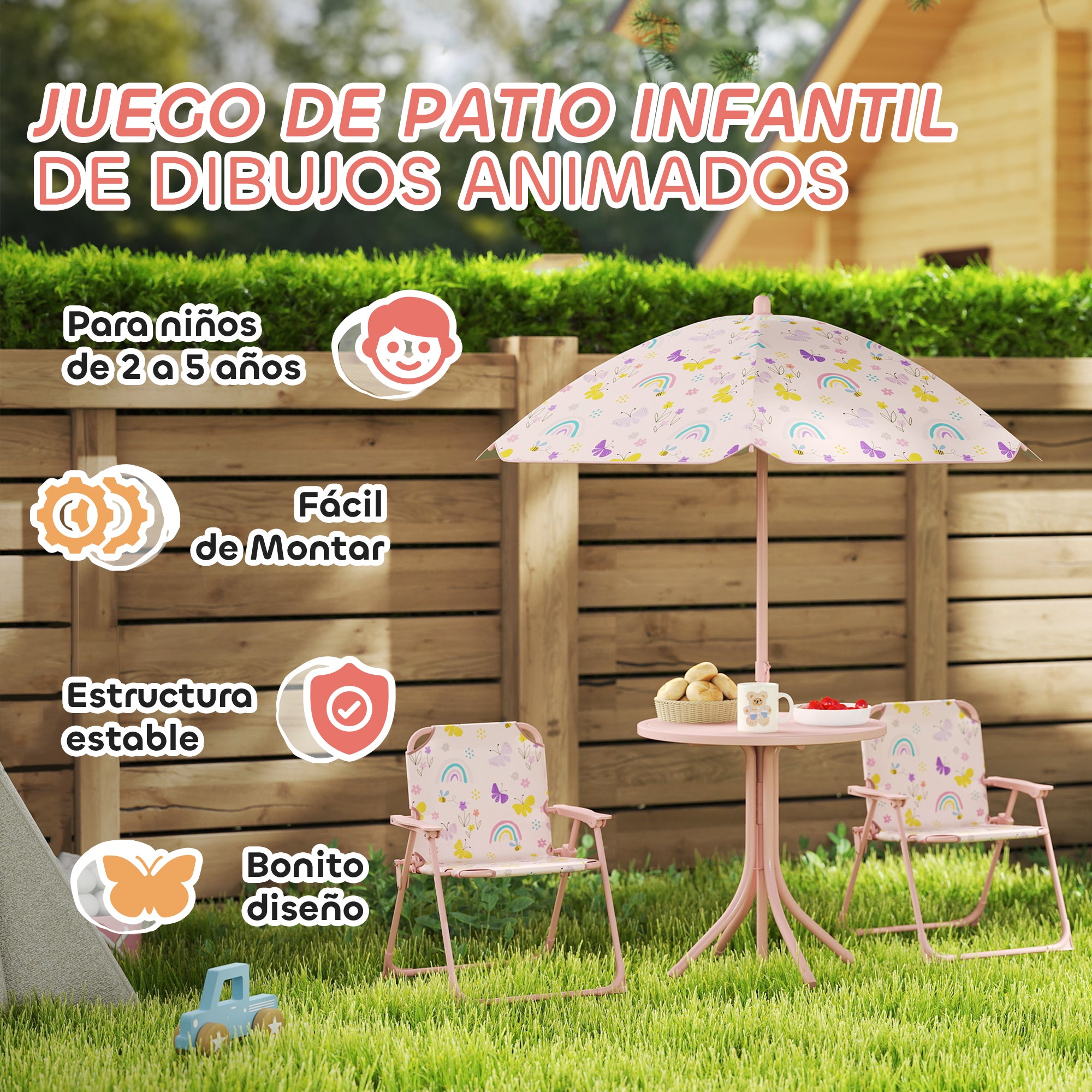 Children's Garden 4-Piece Table and Chairs Set Children's Table with Folding Chairs Adjustable Rainbow Design Umbrella for Patio Picnic Pink