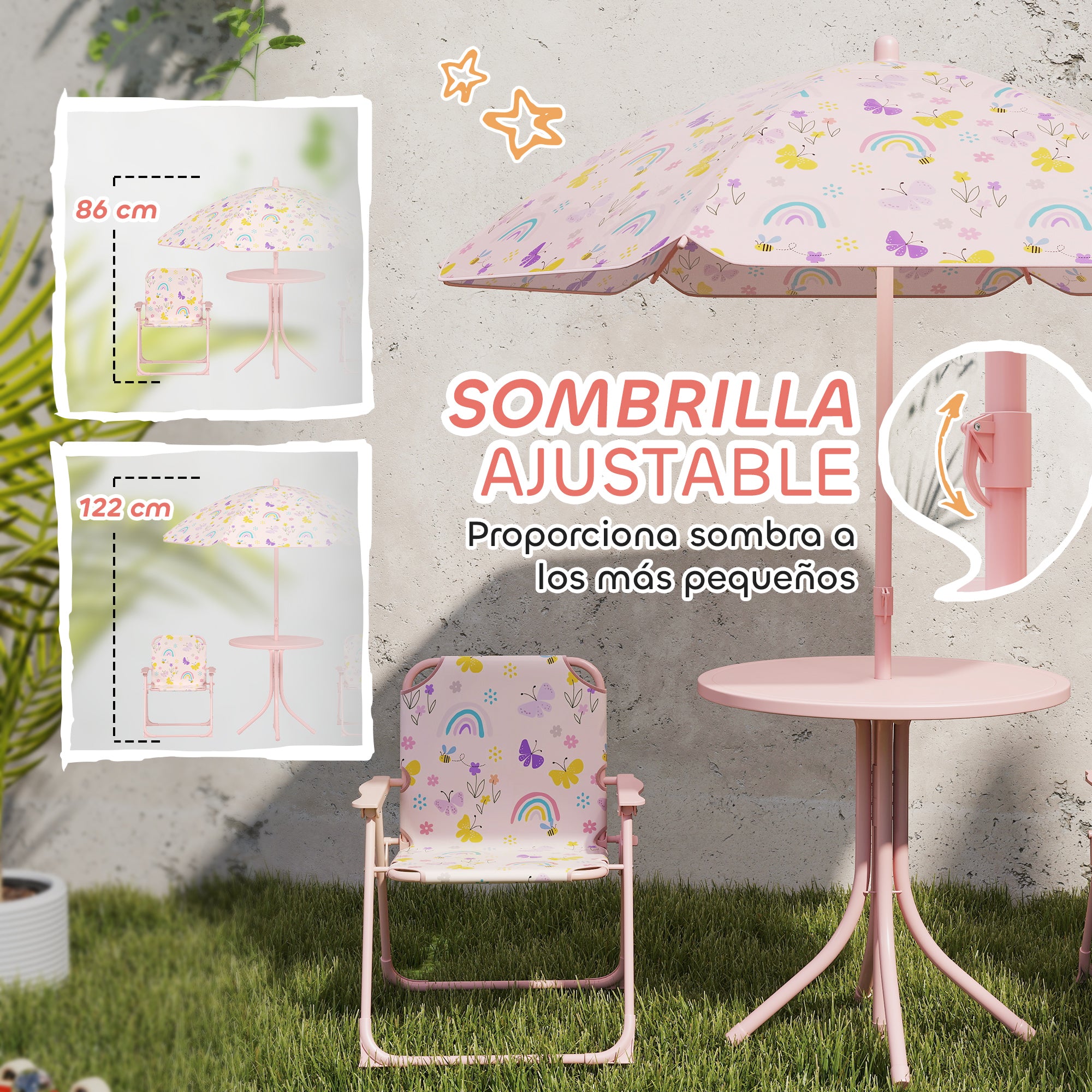 Children's Garden 4-Piece Table and Chairs Set Children's Table with Folding Chairs Adjustable Rainbow Design Umbrella for Patio Picnic Pink