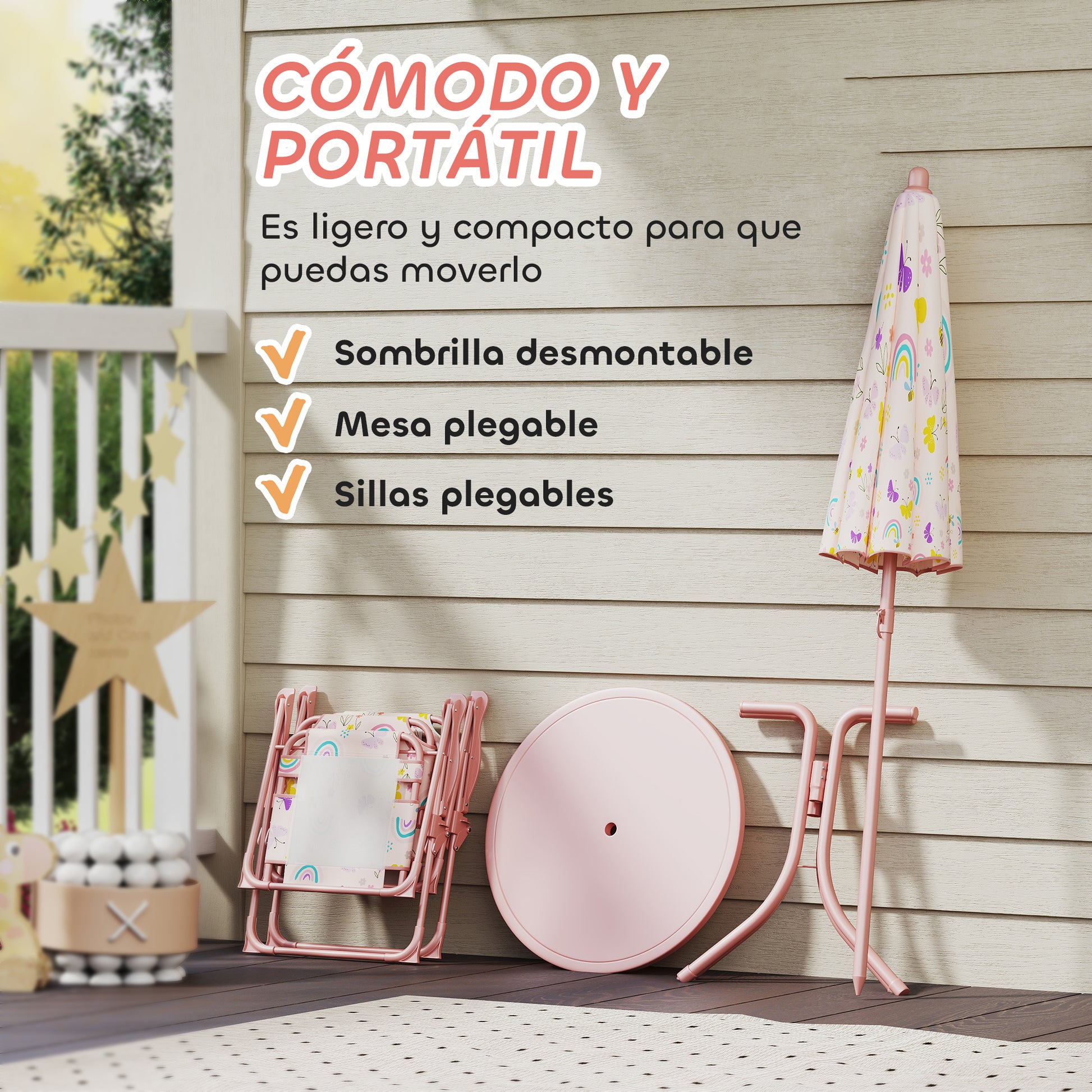 Children's Garden 4-Piece Table and Chairs Set Children's Table with Folding Chairs Adjustable Rainbow Design Umbrella for Patio Picnic Pink
