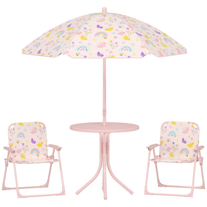 Children's Garden 4-Piece Table and Chairs Set Children's Table with Folding Chairs Adjustable Rainbow Design Umbrella for Patio Picnic Pink