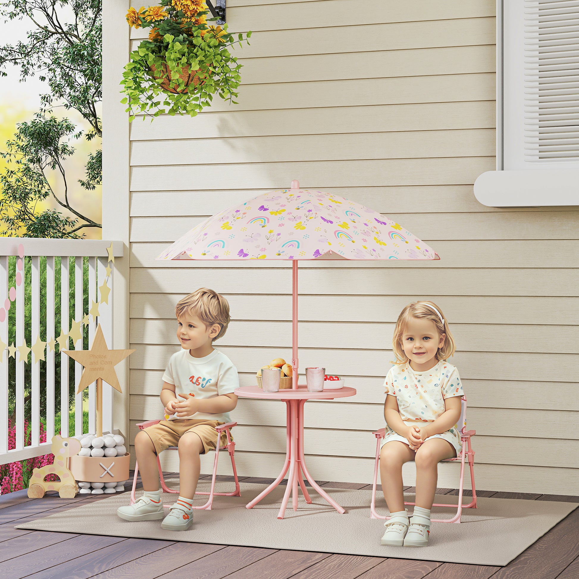 Children's Garden 4-Piece Table and Chairs Set Children's Table with Folding Chairs Adjustable Rainbow Design Umbrella for Patio Picnic Pink
