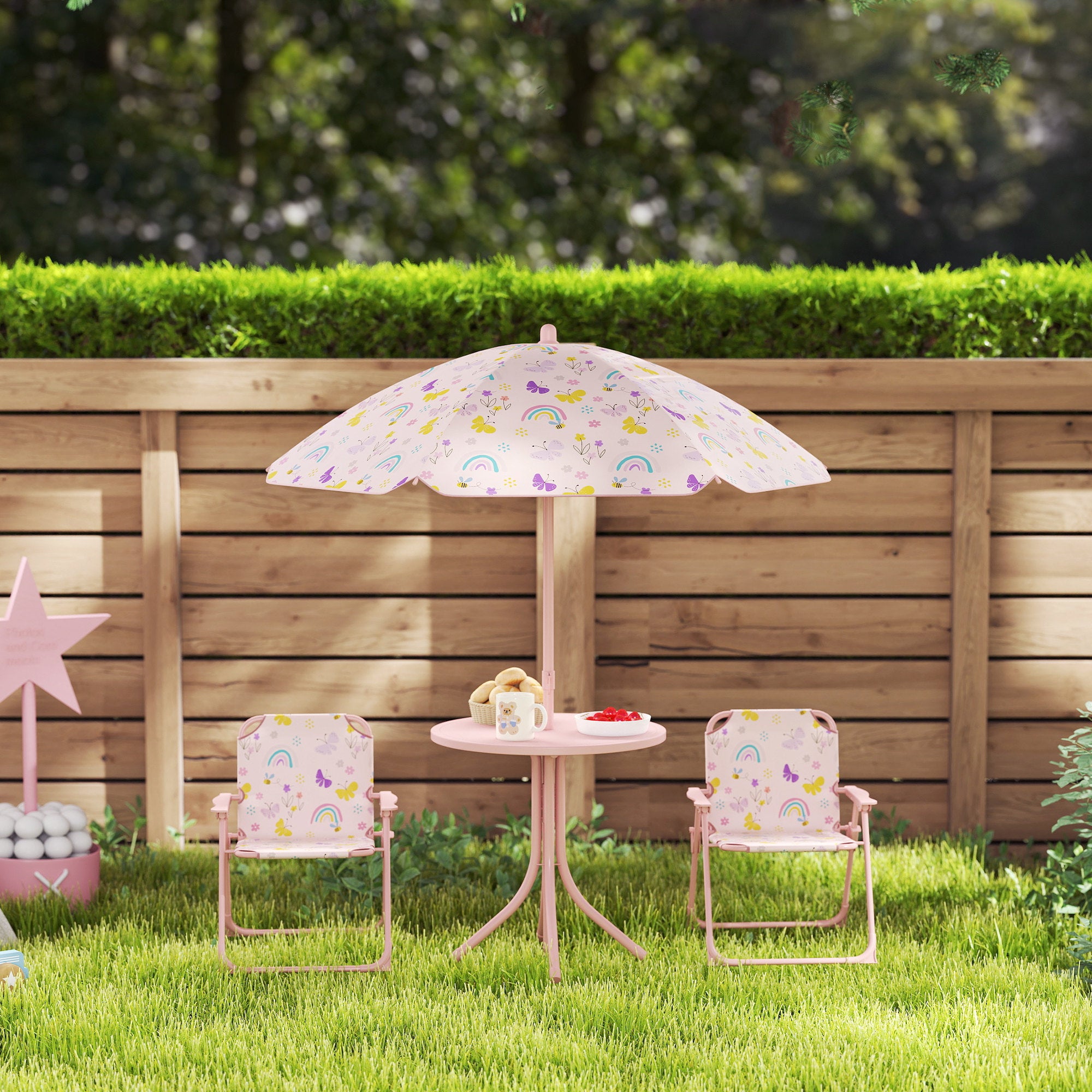 Children's Garden 4-Piece Table and Chairs Set Children's Table with Folding Chairs Adjustable Rainbow Design Umbrella for Patio Picnic Pink