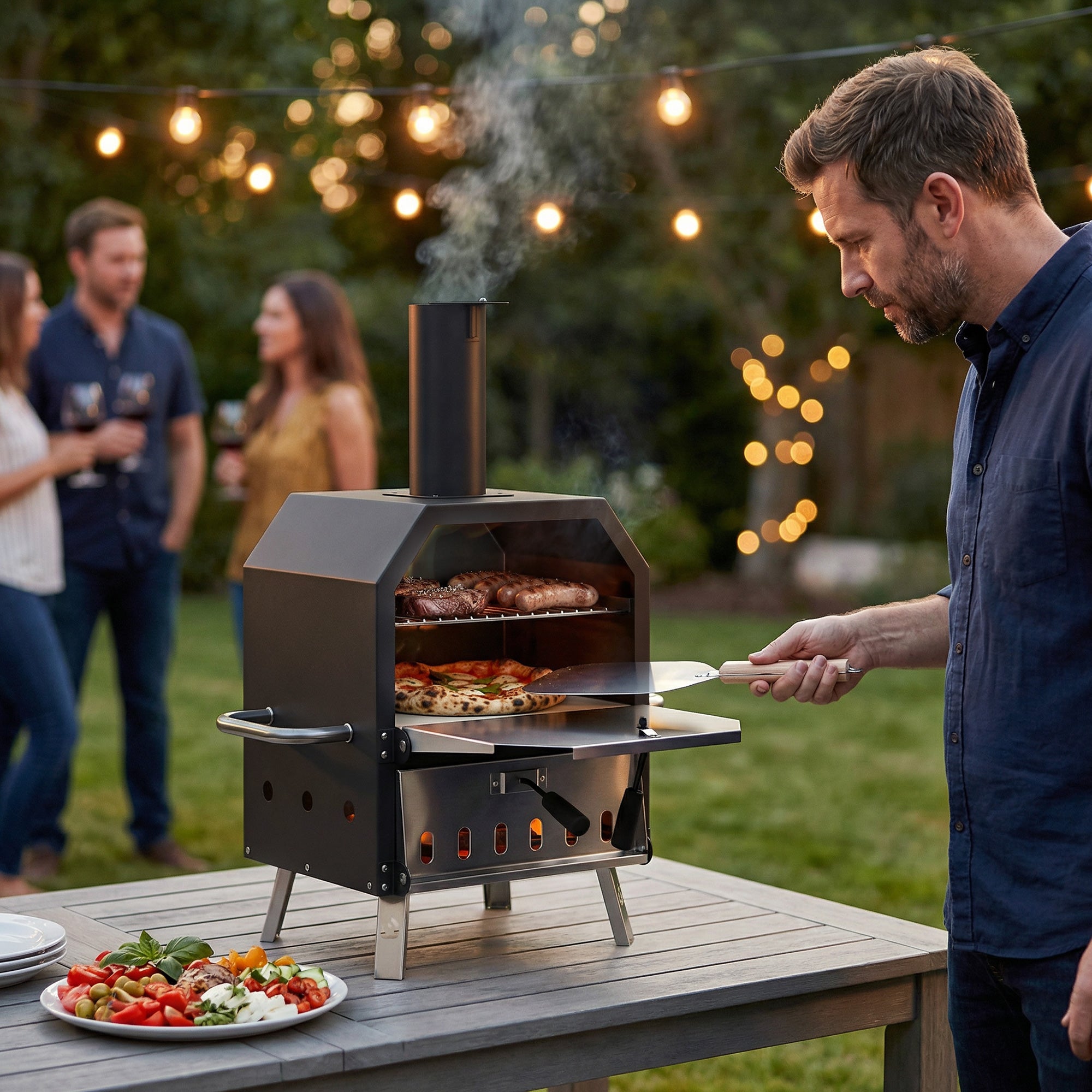 Outdoor Wood-Fired Pizza Oven, Stainless Steel, 2-Tier with 1 cm Thick Pizza Stone, Folding Legs & Pizza Peel – Portable for Camping, Garden, Parties