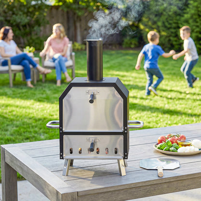 Outdoor Wood-Fired Pizza Oven, Stainless Steel, 2-Tier with 1 cm Thick Pizza Stone, Folding Legs & Pizza Peel – Portable for Camping, Garden, Parties