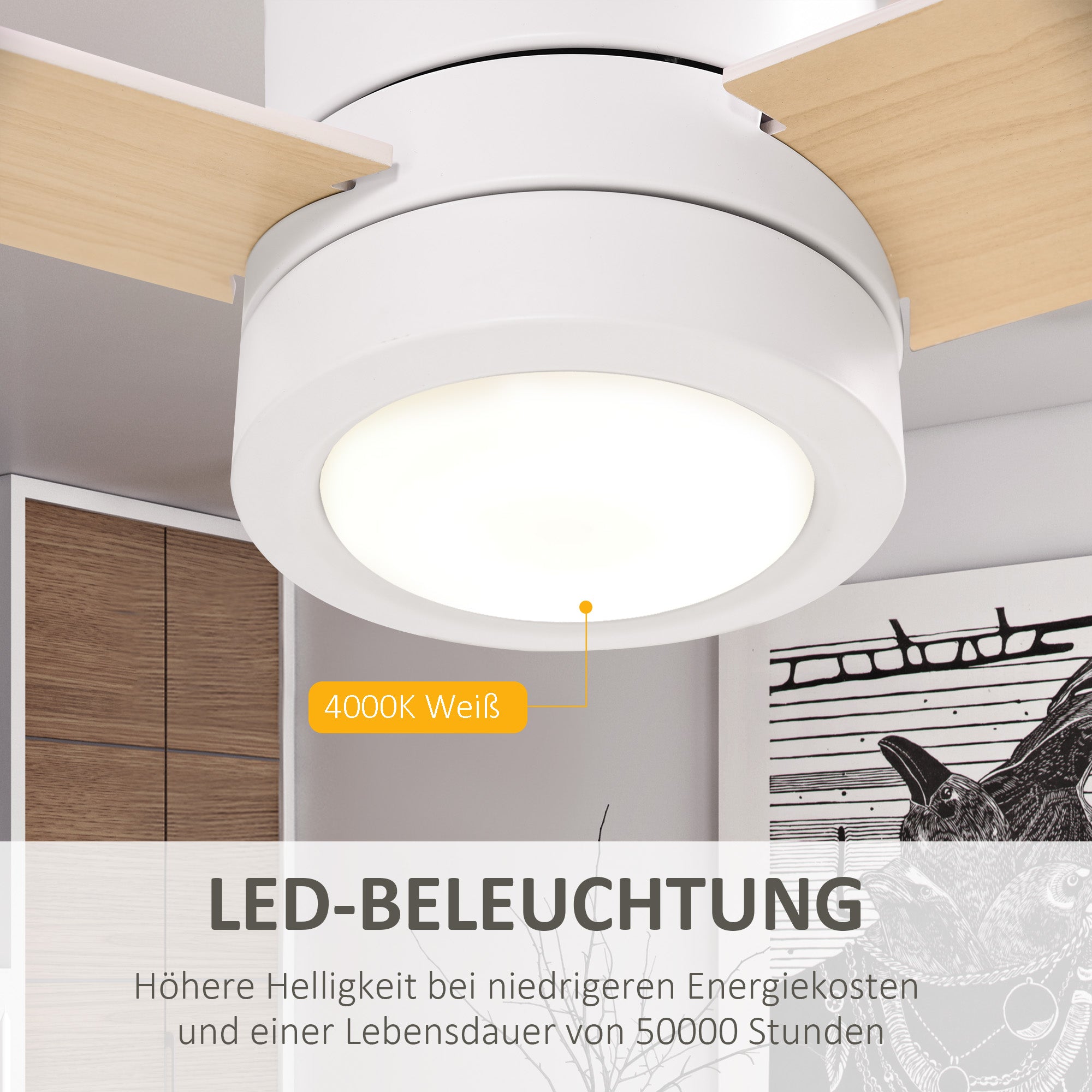 Ceiling Fan with Lighting, Remote Control, 48W Ceiling Light with Fan, 112 cm Quiet Dimmable Ceiling Lamp with Timer, 3 Speeds, for Living, Bedroom, and Dining Room, White