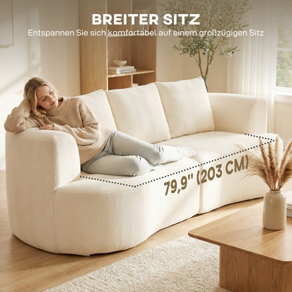 3-Seater Sofa, 260 cm Chenille Cloud Couch with 3 Lumbar Cushions, Wide Armrests, Padded Seat — Cream White