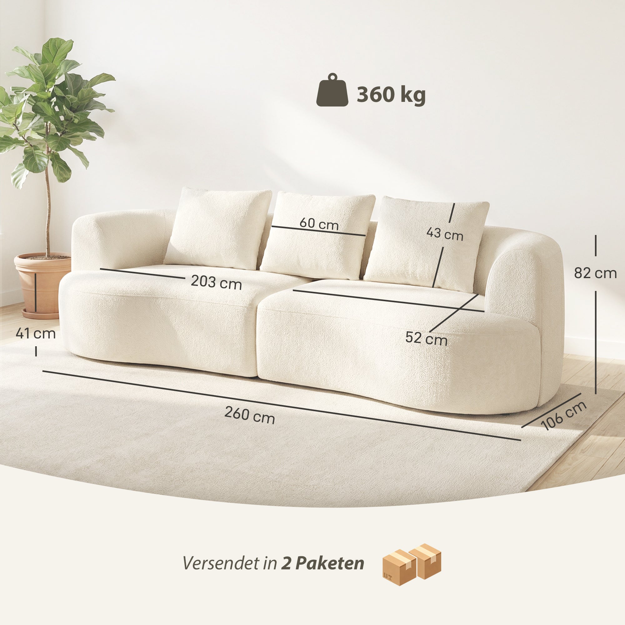 3-Seater Sofa, 260 cm Chenille Cloud Couch with 3 Lumbar Cushions, Wide Armrests, Padded Seat — Cream White
