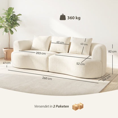 3-Seater Sofa, 260 cm Chenille Cloud Couch with 3 Lumbar Cushions, Wide Armrests, Padded Seat — Cream White