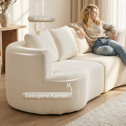 3-Seater Sofa, 260 cm Chenille Cloud Couch with 3 Lumbar Cushions, Wide Armrests, Padded Seat — Cream White