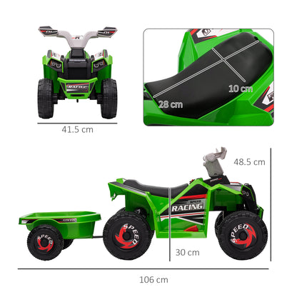 Kids Electric Quad 6V Kids Quad, Kids Vehicle, Electric Car with Trailer for Kids 1.5-3 Years, 2.5 km/h, Metal, 106 x 41.5 x 48.5 cm, Green