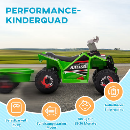 Kids Electric Quad 6V Kids Quad, Kids Vehicle, Electric Car with Trailer for Kids 1.5-3 Years, 2.5 km/h, Metal, 106 x 41.5 x 48.5 cm, Green