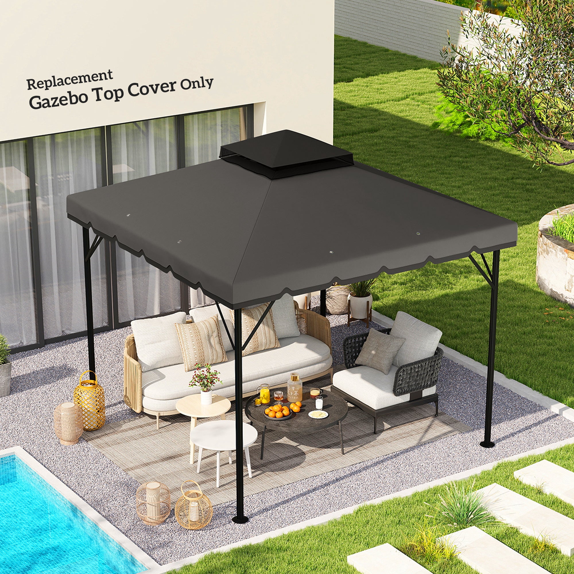 Double-Layer Replacement Canopy for 3 x 3 m (9.8 ft) Gazebo – 180 g/m² Polyester, Waterproof, UPF 30+, 8 Drainage Grommets, Gray