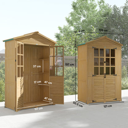 Pine Garden Shed with Shelves & Acrylic Windows, Sloped Asphalt Roof, Lockable Doors — 128 x 57.5 x 197 cm (50.4 x 22.6 x 77.6 in), Light Brown