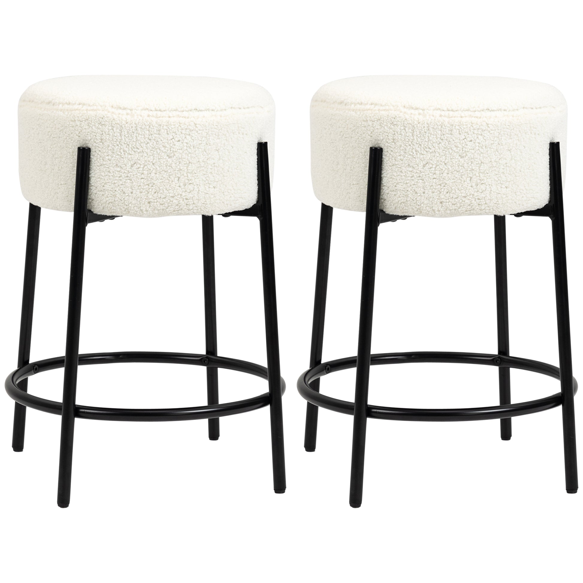 Set of 2 High Kitchen Stools Upholstered in Sheepskin Backless High Kitchen Chairs Load 120 kg for Bar Living Room Dining Room White