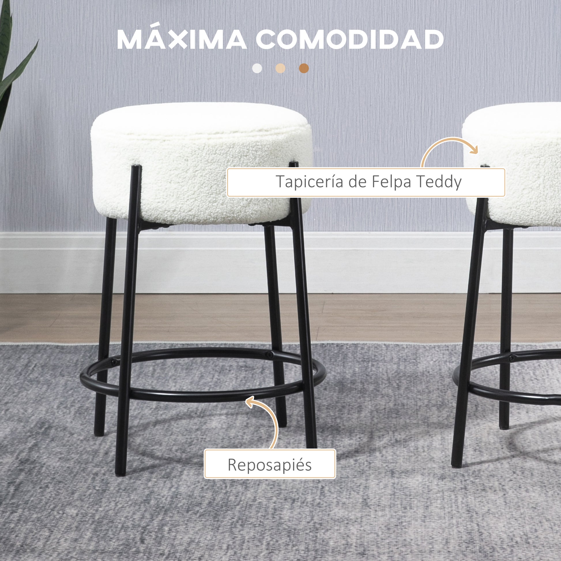 Set of 2 High Kitchen Stools Upholstered in Sheepskin Backless High Kitchen Chairs Load 120 kg for Bar Living Room Dining Room White