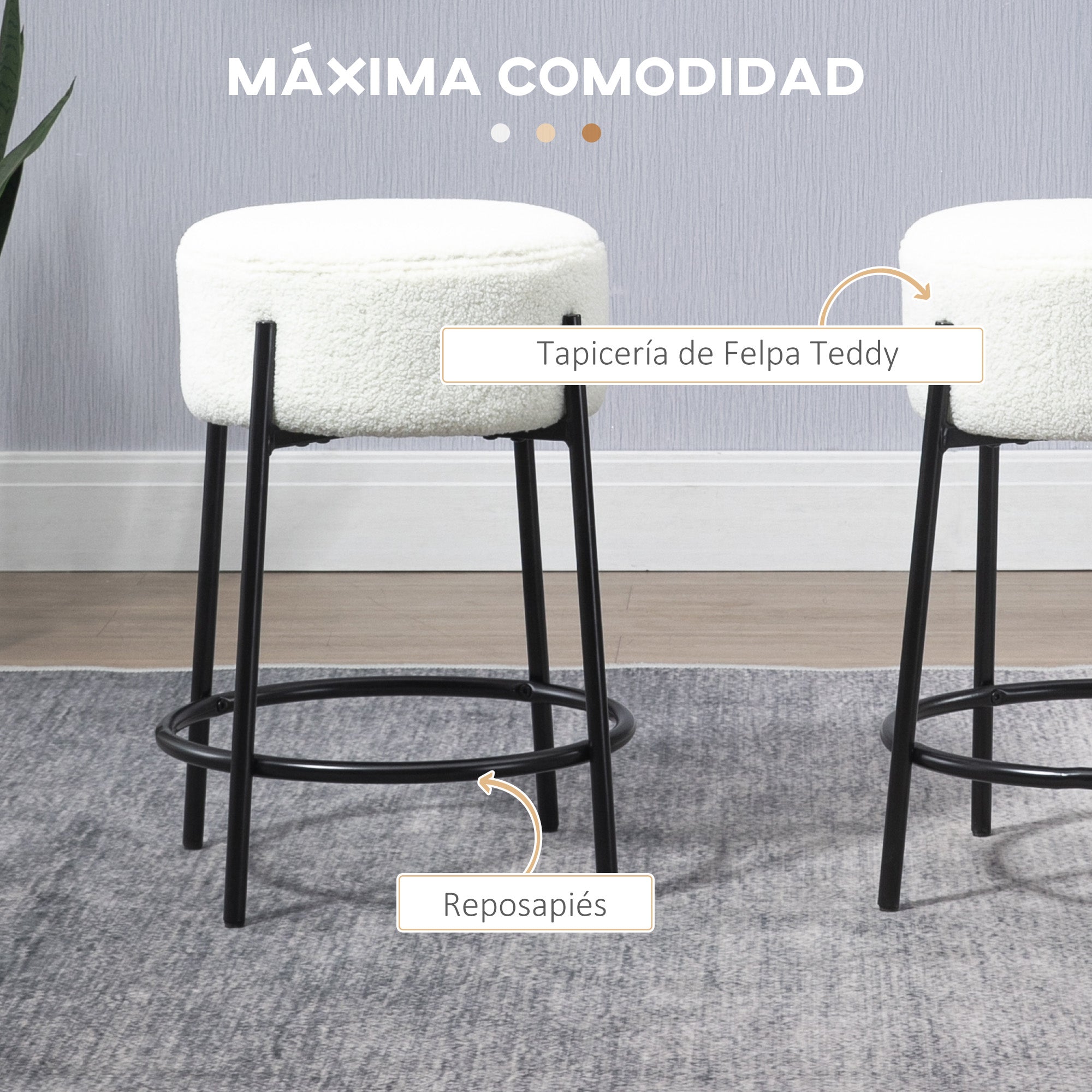 Set of 2 High Kitchen Stools Upholstered in Sheepskin Backless High Kitchen Chairs Load 120 kg for Bar Living Room Dining Room White