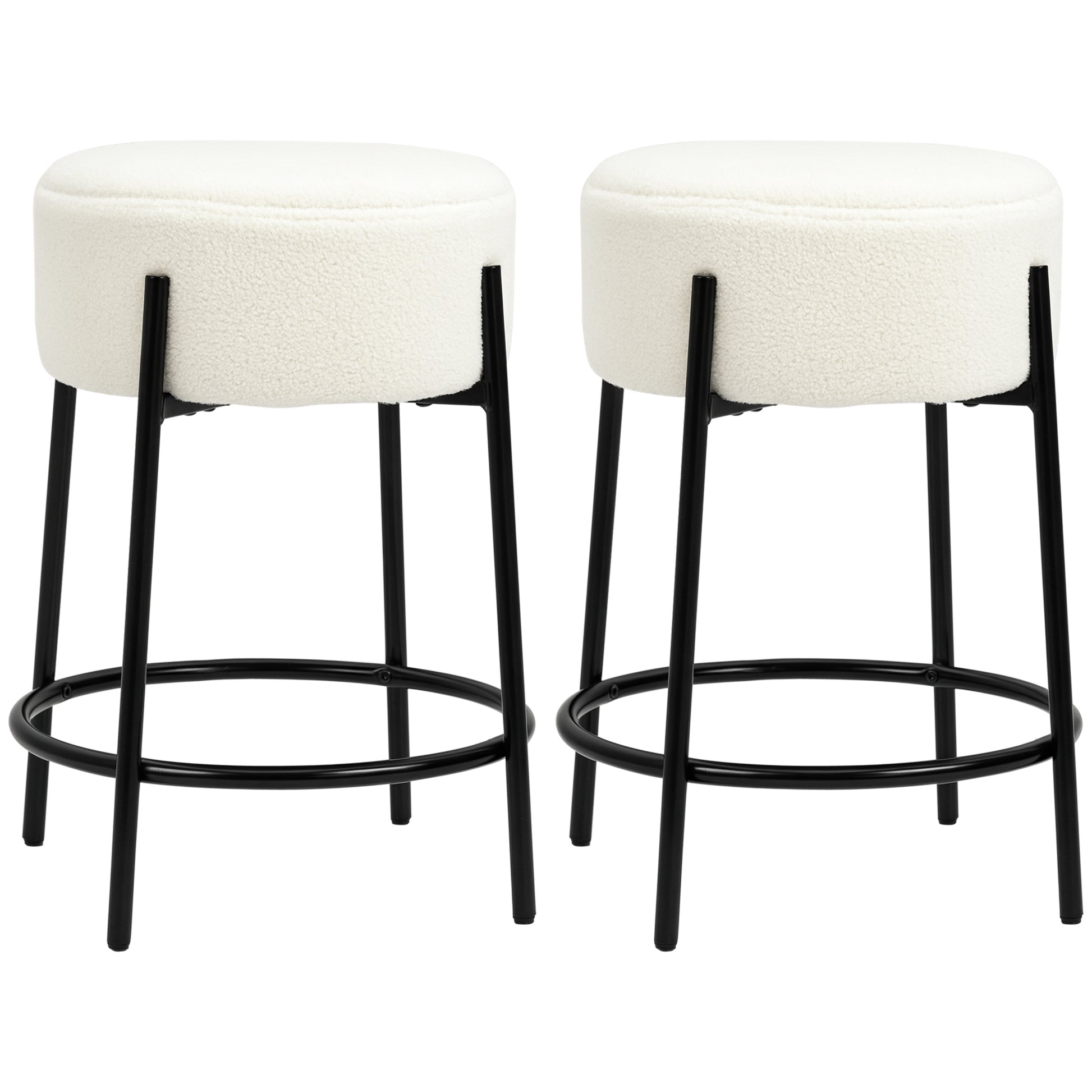 Set of 2 High Kitchen Stools Upholstered in Sheepskin Backless High Kitchen Chairs Load 120 kg for Bar Living Room Dining Room White