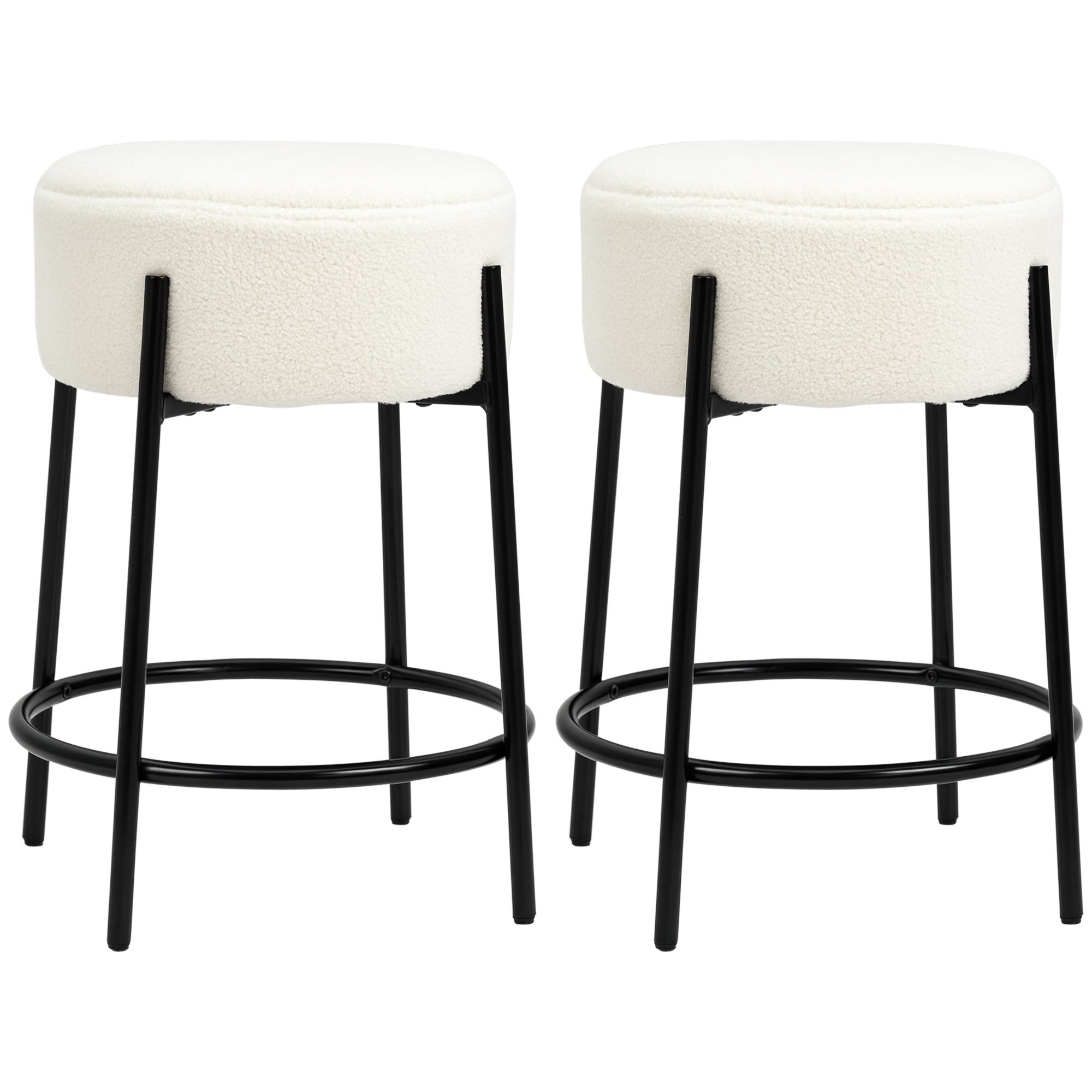 Set of 2 High Kitchen Stools Upholstered in Sheepskin Backless High Kitchen Chairs Load 120 kg for Bar Living Room Dining Room White