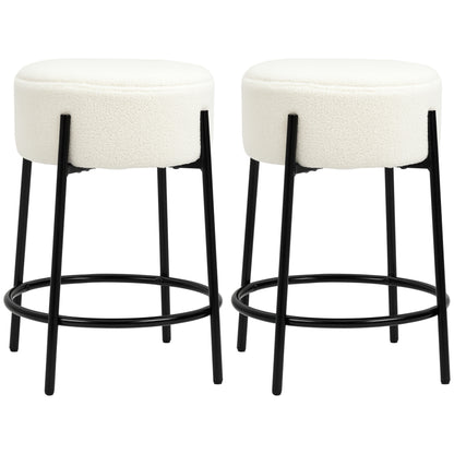Set of 2 High Kitchen Stools Upholstered in Sheepskin Backless High Kitchen Chairs Load 120 kg for Bar Living Room Dining Room White