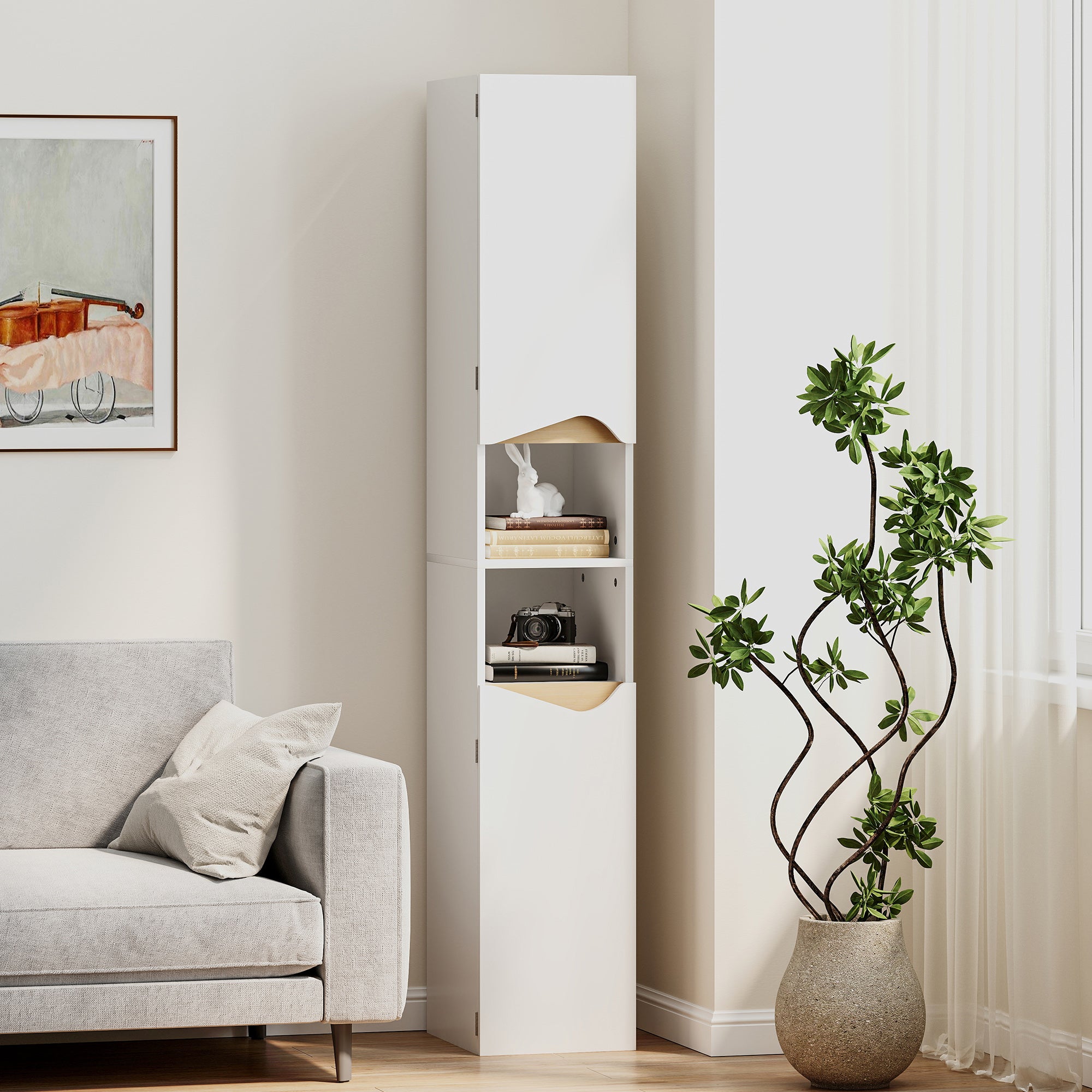 Slim Tall Bathroom Cabinet — 2 Doors, 2 Open Compartments & Adjustable Shelves, White/Natural, 11.8 x 13.6 x 71.7 in (30 x 34.6 x 182 cm)