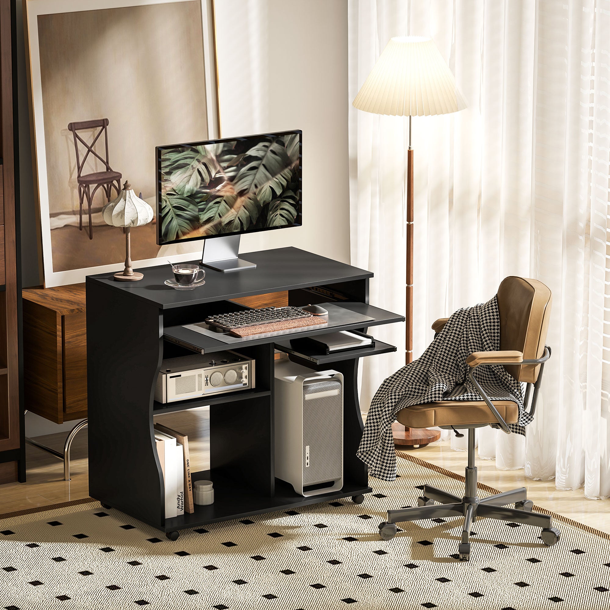Desk with Wheels 80 x 48 cm Computer Desk Office Desk with Monitor Stand, Keyboard Tray, Storage Shelf, PC Desk for Home Office, Bedroom Black