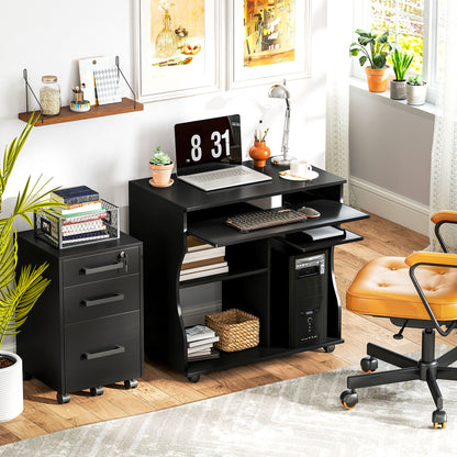 Desk with Wheels 80 x 48 cm Computer Desk Office Desk with Monitor Stand, Keyboard Tray, Storage Shelf, PC Desk for Home Office, Bedroom Black
