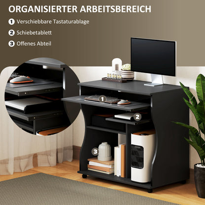 Desk with Wheels 80 x 48 cm Computer Desk Office Desk with Monitor Stand, Keyboard Tray, Storage Shelf, PC Desk for Home Office, Bedroom Black