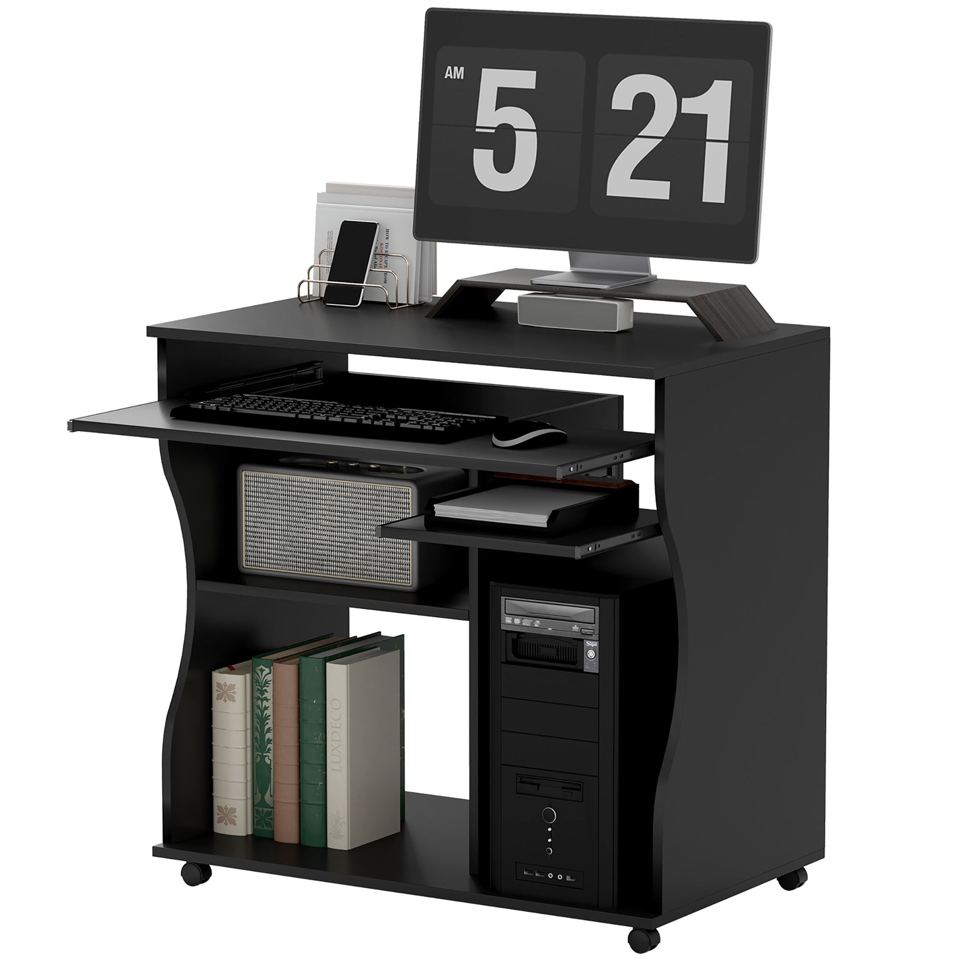 Desk with Wheels 80 x 48 cm Computer Desk Office Desk with Monitor Stand, Keyboard Tray, Storage Shelf, PC Desk for Home Office, Bedroom Black